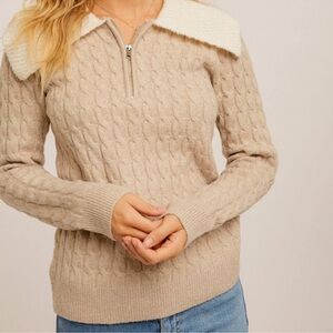 Hem and Thread Cable Knit Sweater With Collar